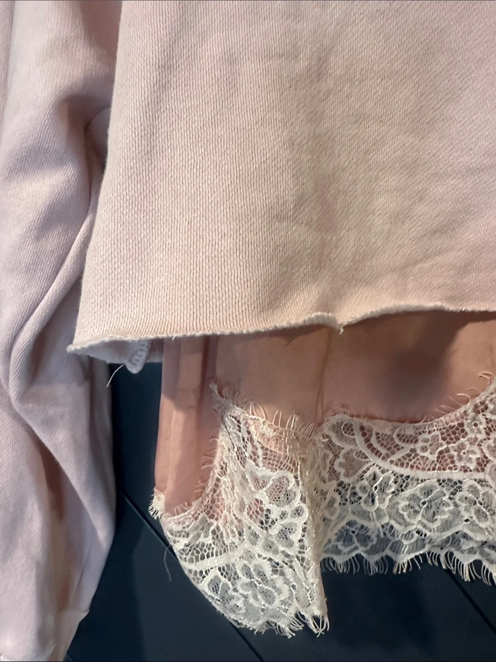Zara Blush Pink Layered Lace-Trim Cropped Sweatshirt